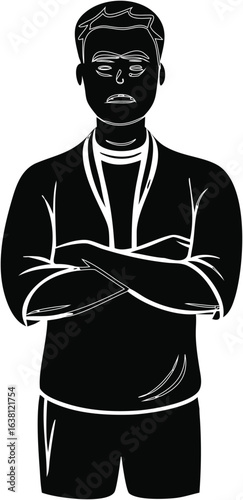 A black silhouette of a man with crossed arms, wearing a jacket, stands sternly, conveying a mood of disapproval and defiance.
