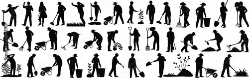 Gardening people silhouettes, farm work vector, garden maintenance workers, planting and farming tools clipart, agriculture labor illustration, flat vector illustration