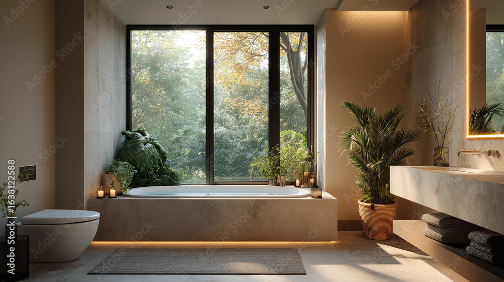 Fototapeta premium Serene Bathroom Oasis with a View: The bathroom is bathed in natural light, with a tranquil view of lush greenery from the expansive window. This harmonious space is designed for relaxation.