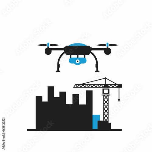 A modern drone with a camera flies above a minimalist urban construction site, symbolizing technological advancements in surveying and monitoring city development.