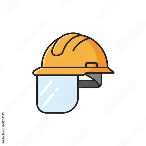 A bright orange construction hard hat with a clear protective face shield, symbolizing safety and industrial work.
