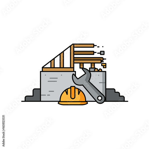 Construction site illustration with a hard hat, wrench, and unfinished wooden frame on a concrete foundation, showcasing building and industrial themes in a modern design.