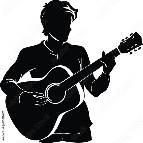 A silhouetted figure plays an acoustic guitar, positioned centrally, facing slightly right. The stark black silhouette contrasts against a plain white background, creating a high-contrast image