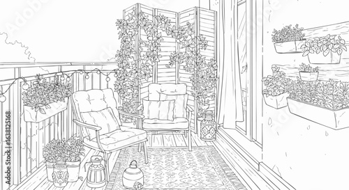 Hand-drawn sketch of a cozy balcony garden. Line art illustration of an urban patio with furniture, plants, and home decor.