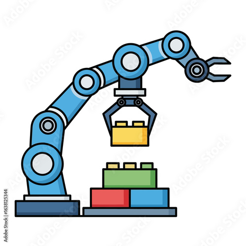 A modern blue robotic arm precisely manipulates colorful building blocks, illustrating automation, technological advancement, and innovative assembly processes.