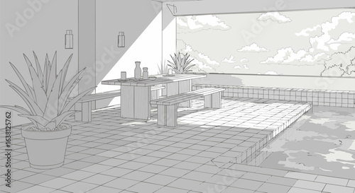 Architectural line art illustration of a modern luxury patio with a swimming pool and outdoor dining area