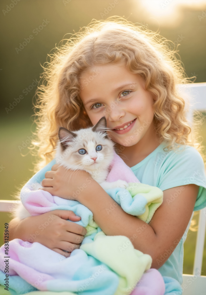 Portrait of a smiling girl with curly blonde hair holding a ragdoll kitten. Happy child hugging her cute pet wrapped in a colorful blanket. Portrait of a smiling girl with curly blonde hair holding a ragdoll kitten. Happy child hugging her cute pet wrapped in a colorful blanket.