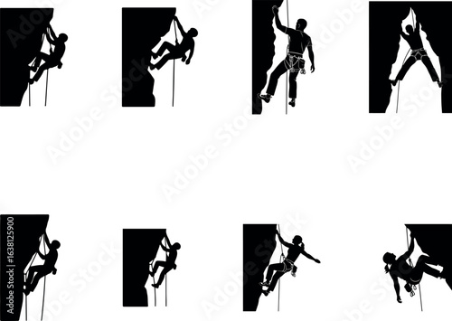 climbing silhouettes set. Collection of climber icons showing mountaineering and rappelling actions. Extreme sport vector illustration.