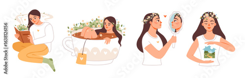Flat vector illustration of woman practicing mindfulness and relaxation. Perfect for health, wellness, and lifestyle concepts. Mental health. Flat vector illustration set.