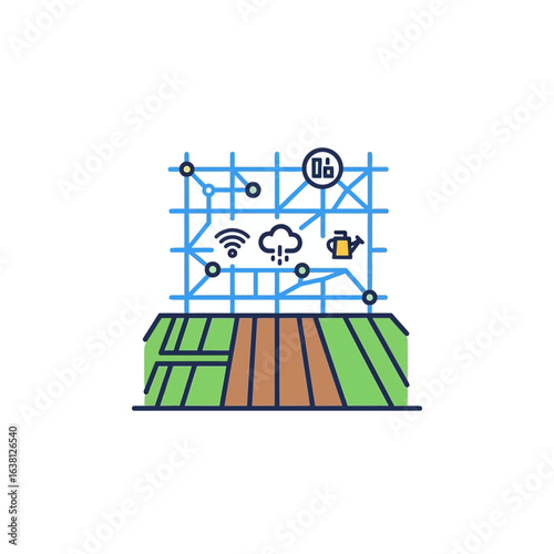 Smart farming technology concept illustration showing a digital map of a field with connected devices and weather data for precision agriculture and efficient irrigation.