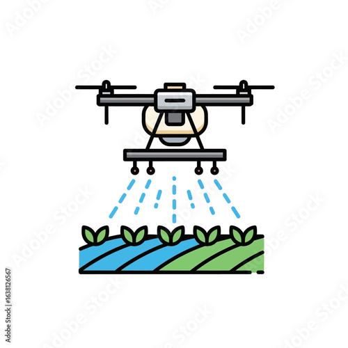 An illustration depicts a drone spraying crops in a field, showcasing agricultural technology and precision farming for efficient and sustainable practices.