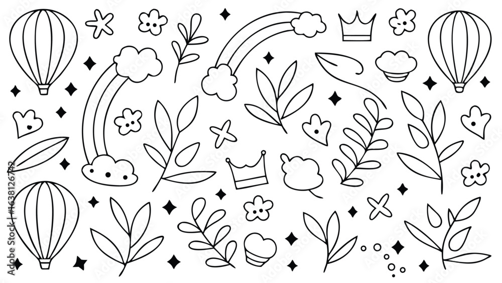 Fototapeta premium Outlined drawing of balloons, rainbows, crowns, flowers, leaves, and stars in a scattered arrangement