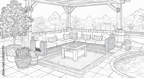 Cozy outdoor patio lounge illustration with a sectional sofa and fire pit. A relaxing backyard retreat sketch.