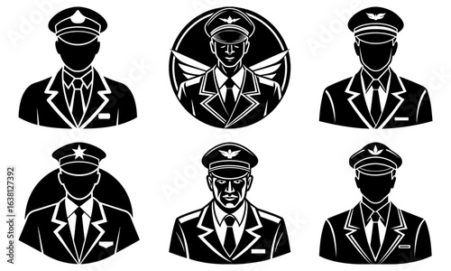 Collection of monochrome illustrations of pilots in uniform attire