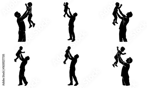 Silhouettes of fathers holding their children up in the air happily