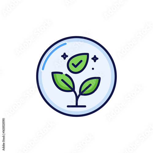 Eco-friendly growth concept icon: A vibrant green plant sprout with checkmarks inside leaves, enclosed in a light blue circle, symbolizes sustainable development and eco-conscious business practices.