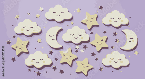 Cute collection of sleepy night sky characters. Kawaii smiling moon, stars, and clouds for a baby nursery on a purple background.