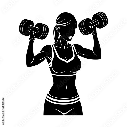 Silhouette of athletic woman lifting dumbbells in fitness workout pose