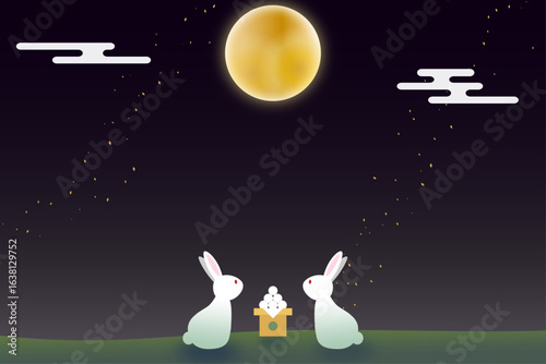 中秋の名月、二羽のうさぎ｜月見 うさぎ 団子 夜空 和風　十五夜