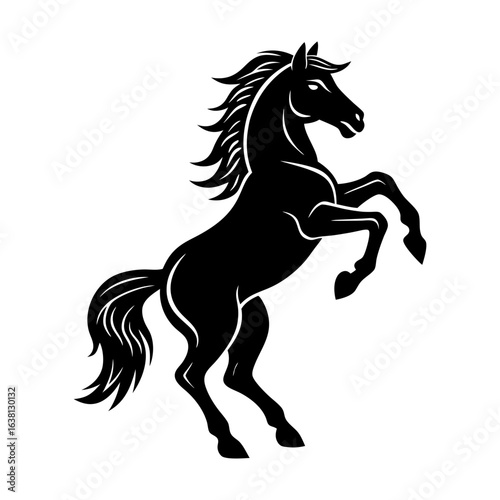 Illustration of a rearing black horse with flowing mane and tail design