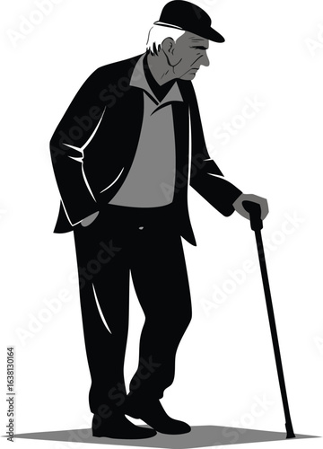 Silhouettes of elderly men with walking canes, strolling and resting on a bench.
