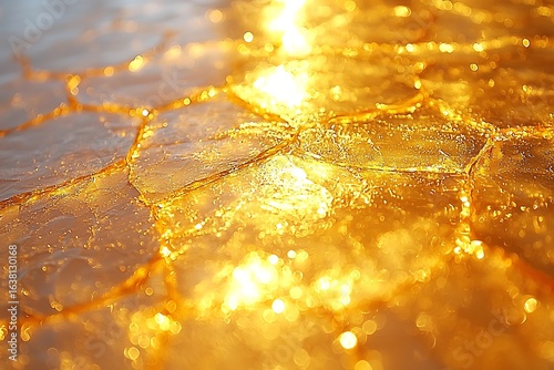 Golden cracked ice reflecting sunlight.