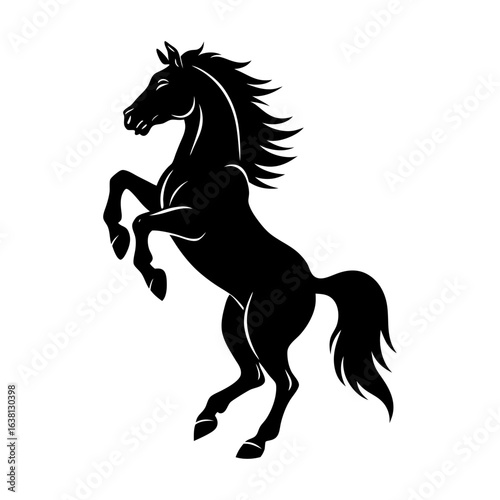 Silhouette of a rearing horse with flowing mane and tail in black color