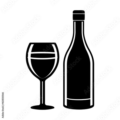 Illustration of a wine bottle and a wine glass in black and white style