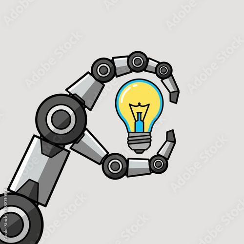 Robotic hand holding a glowing light bulb representing an idea.