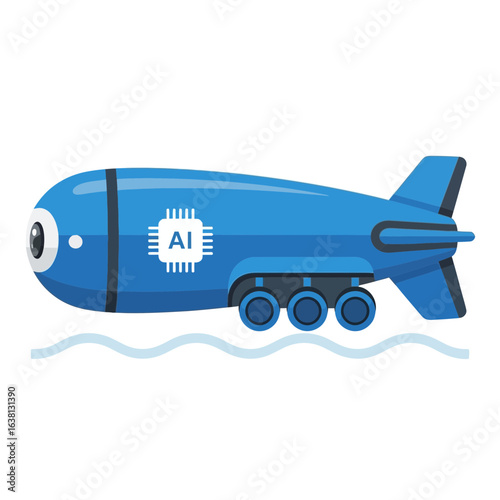 Blue blimp with wheels and AI symbol floats on water.