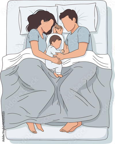 Family sleeping together in bed parents holding baby.
