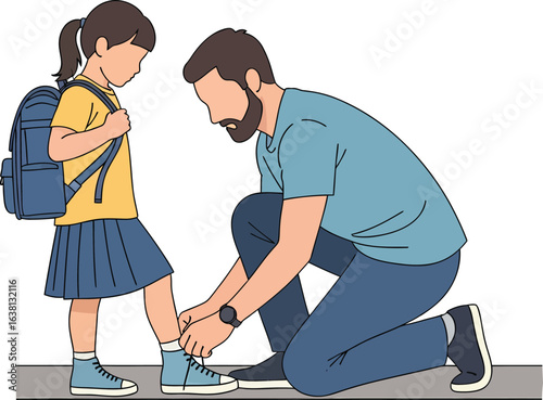 Father tying daughters shoelaces before school with backpack.