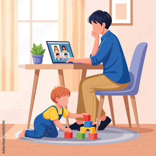 Father working from home while child plays with blocks.