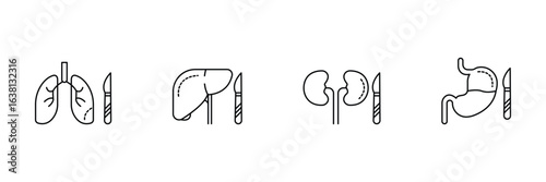 human organ surgery, medical operation, anatomical procedure icon vector illustration set outline style.