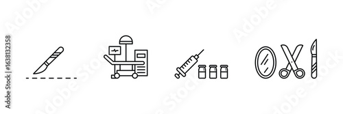 Surgical medical healthcare hospital operation treatment instrument scalpel syringe medicine cosmetic emergency equipment outline symbol icon vector illustration set.