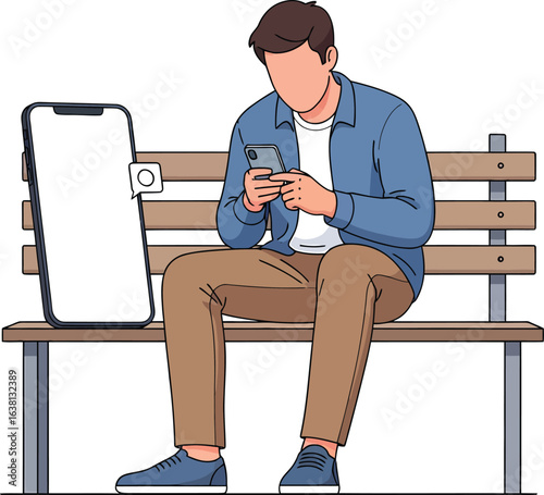 Man sitting on park bench using smartphone with notification bubble.