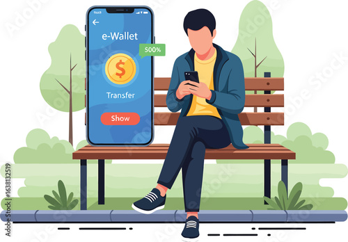 Man using ewallet on smartphone while sitting on park bench.