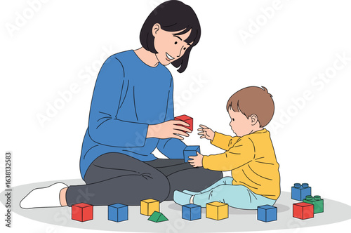 Mother and Child Playing with Colorful Building Blocks Together