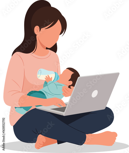 Mother feeding baby while working on laptop.