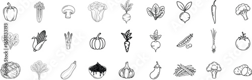 Vegetables line icon set. Vector pictograms of broccoli, potato, onion, garlic, lettuce, spinach, pepper, cucumber, pumpkin, turnip, celery, cabbage, mushroom, thin linear illustration.