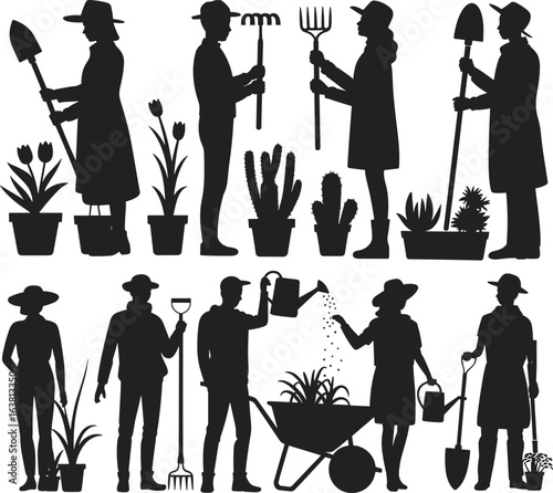 Gardeners working with tools and plants silhouette, people planting flowers and watering garden, outdoor gardening activity in nature, flat vector illustration