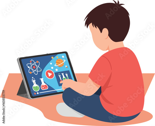 Young boy learning science on a tablet computer.