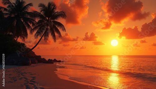 Tropical sunset illuminates ocean with vibrant orange hues. Palm trees silhouette against fiery sky. Gentle waves wash ashore on sandy beach, leaving footprints. Serene, warm atmosphere for vacation