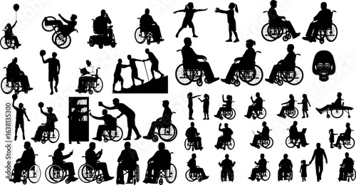 Senior people using walking aids silhouette set collection. Caregiver family helping elderly person using walking aid vector silhouette set.
