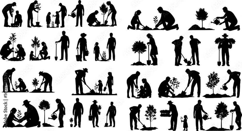 Naklejka premium Silhouette of people planting trees various poses set collection. Family gardening and planting trees outdoor different poses silhouette set.