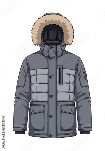 Warm insulated hooded winter parka jacket for cold weather outdoor activities