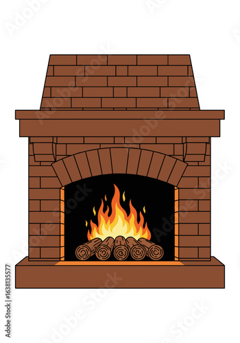 Warm cozy brick fireplace with burning logs creating a relaxing ambiance