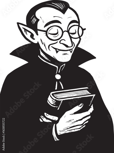 Cartoon Vampire Wearing Glasses Holding A Book Black And White dracula character