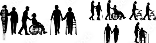 Group of elderly senior people with walking aids silhouette set large collection.
