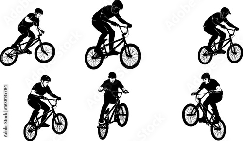 Man with helmet riding bmx jumping black silhouette vector. Isolated male riding bmx bike in bmx racing game black silhouette.

